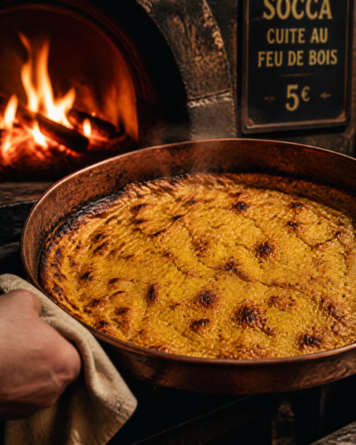 A copper pan of socca pulled from a wood oven, charred and steaming