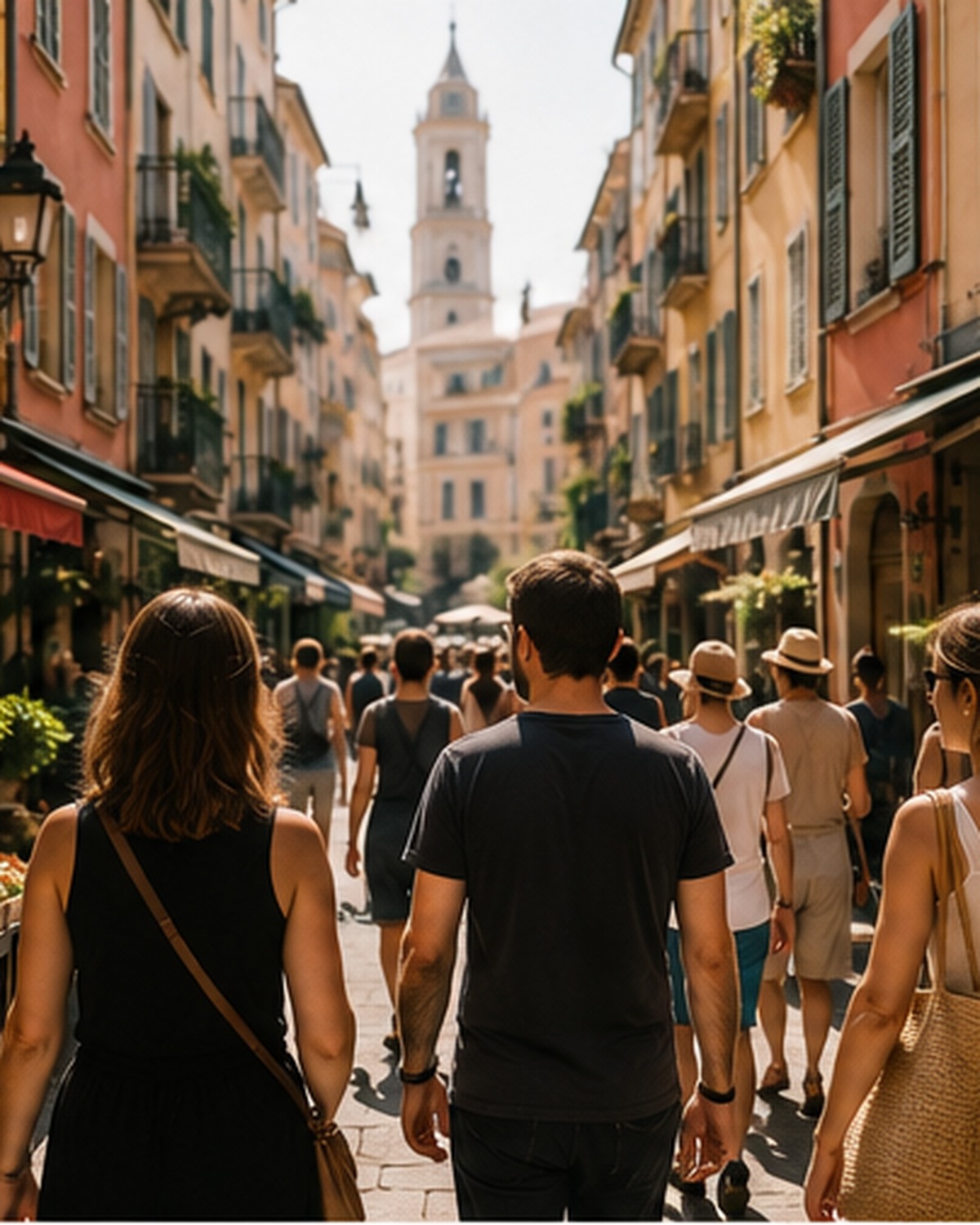 Visitors walking a narrow street in Old Nice, market stalls and shuttered facades on either side