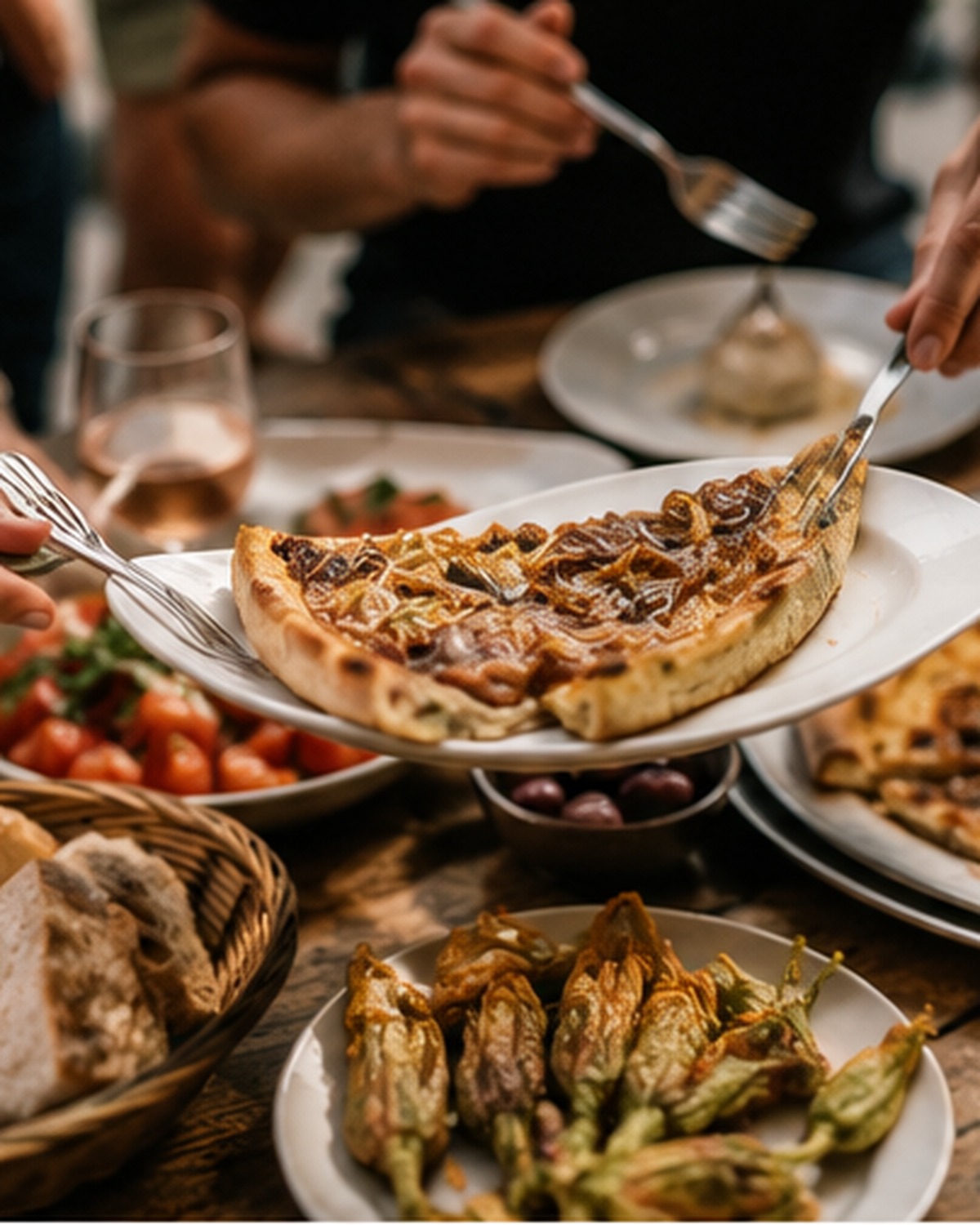 A shared table of pissaladière, courgette flowers, tomatoes and bread, forks reaching across it