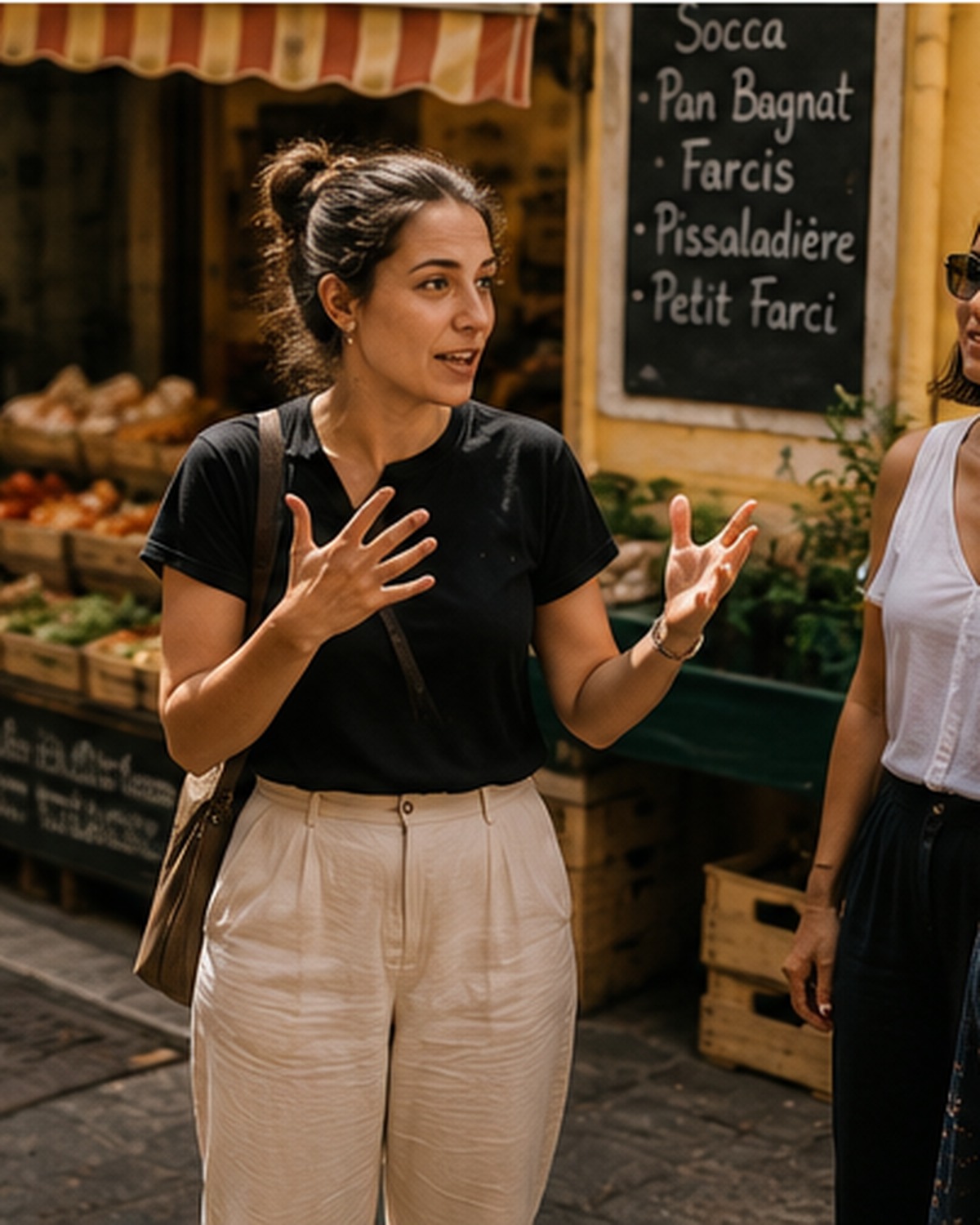 A host explaining a dish to a small group in front of a market chalkboard listing socca and pan bagnat