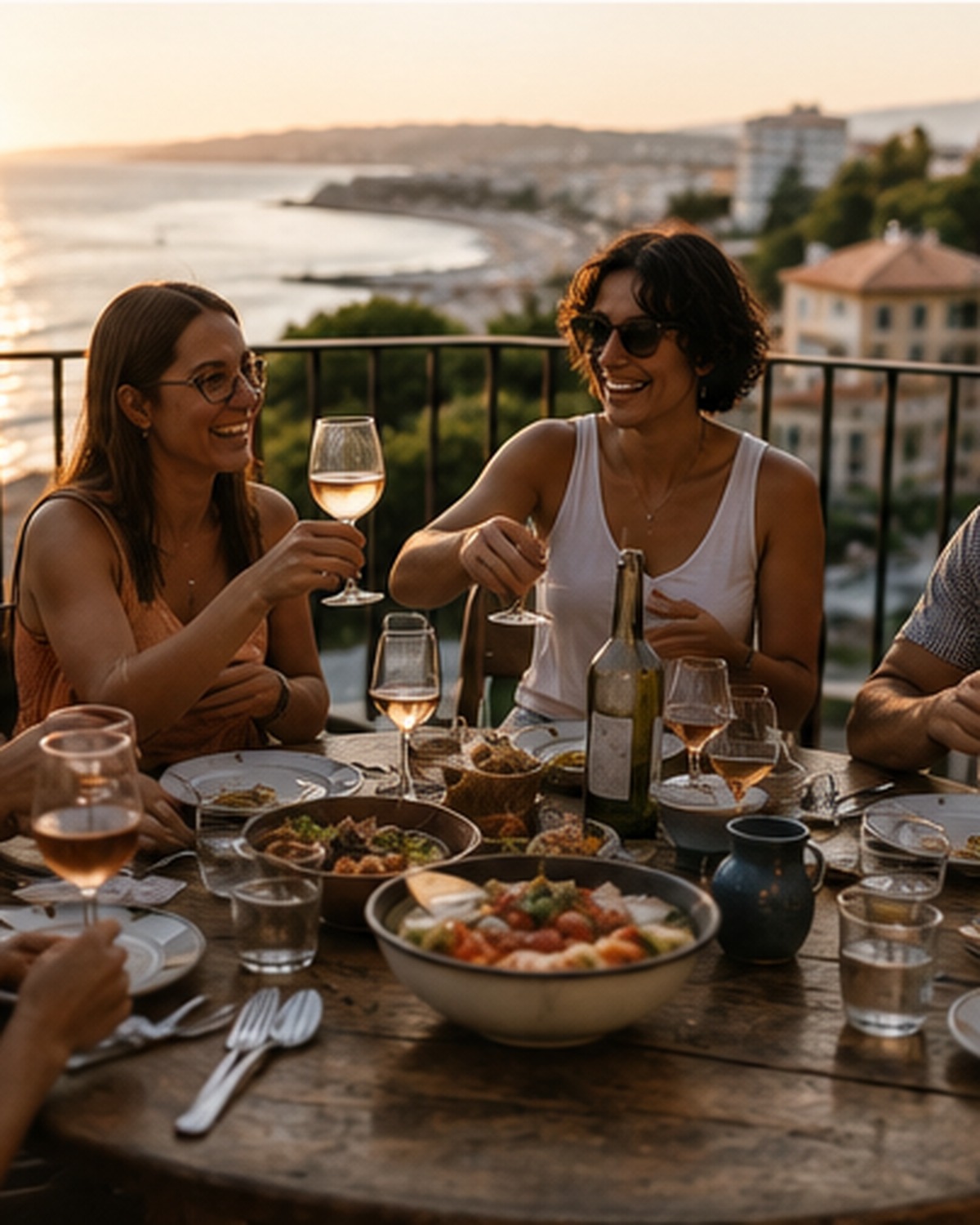 A group sharing wine around a table above the bay at sunset