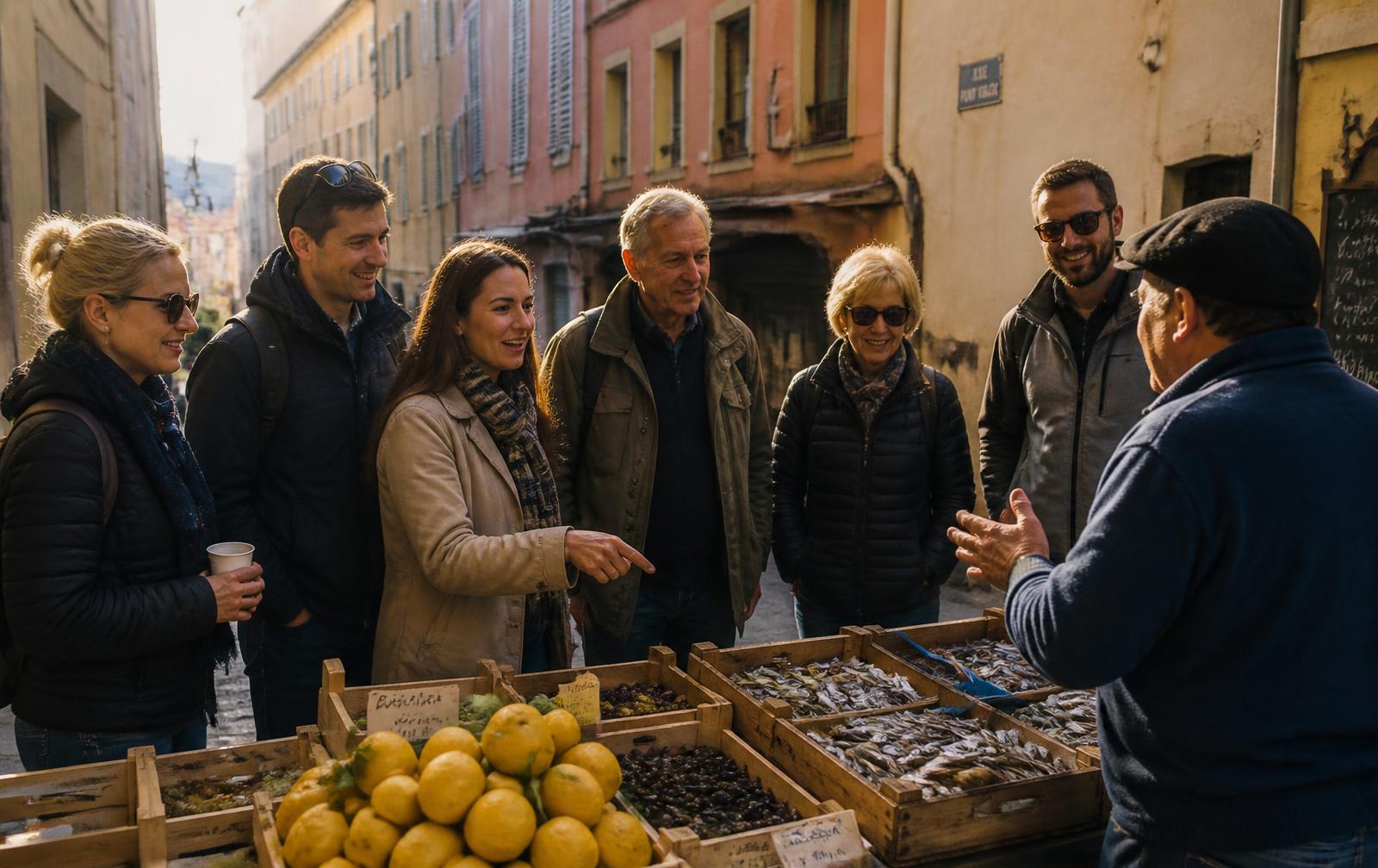 A small group of travellers listening to a local host at a market stall in Old Nice